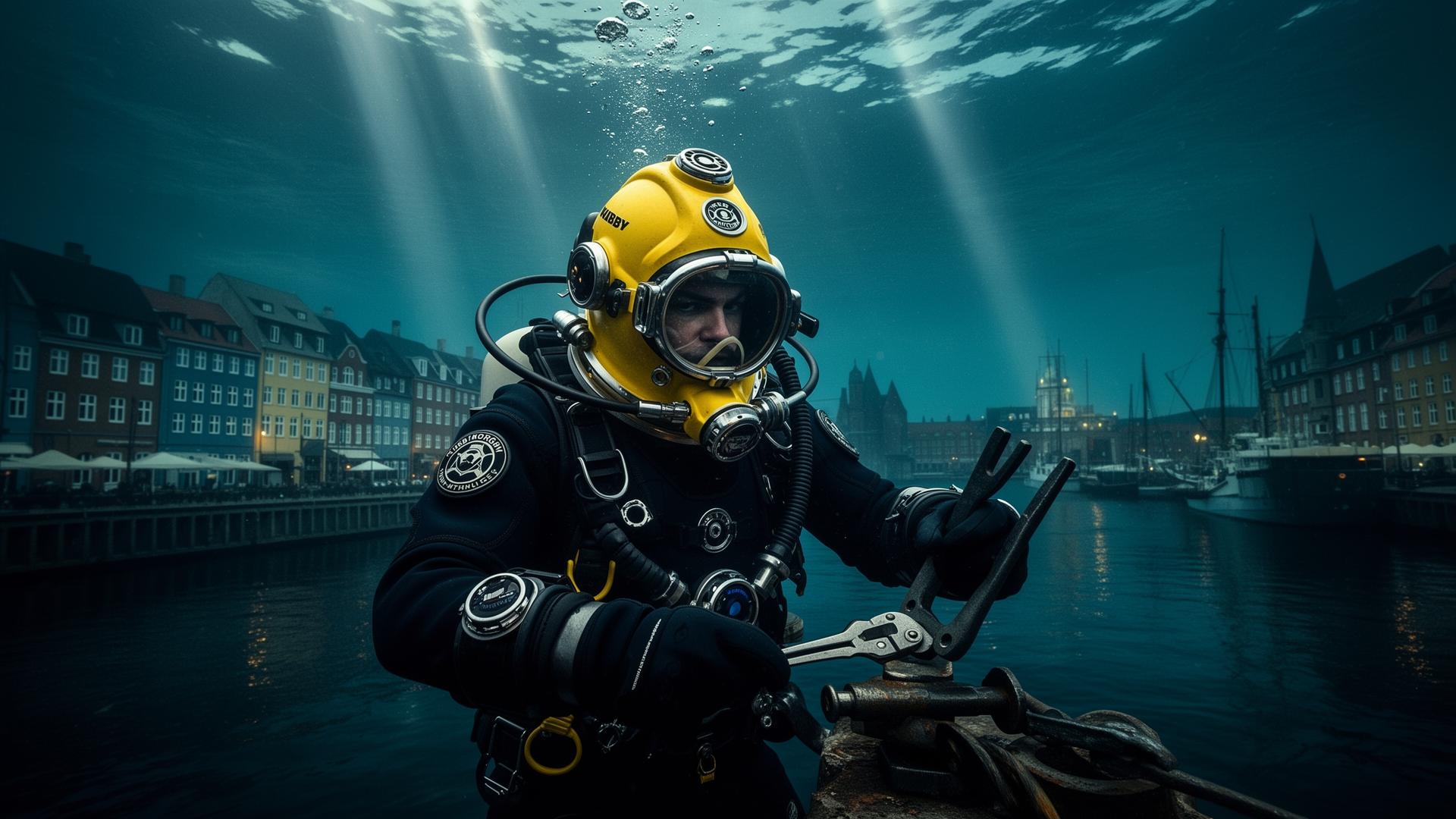 Commercial diver from Kundal Diving at work in a Danish port
